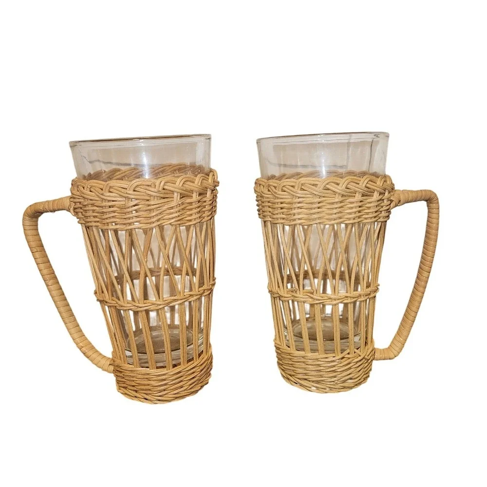 Vintage Wicker Rattan Wrapped Glass Tumblers with Handles Set of 2 Coastal Boho